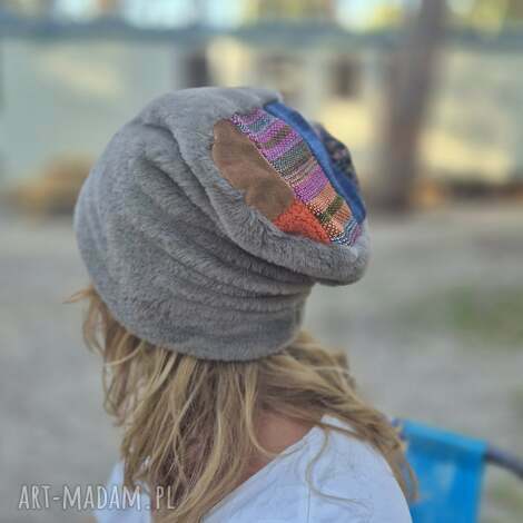 czapka szary mis miękki na podszewce rozmiar uniwersalny box d1 - boho, szara etno