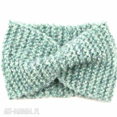 opaska retro na głowę, uszy, dziergana, miętowa zimę, zamiast