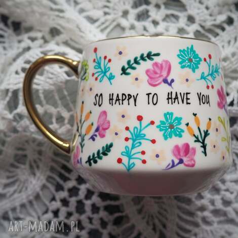 Ręcznie malowany kubek porcelanowy HAPPY - kwiaty, 460 ml