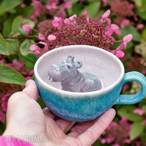 ceramiczna filiżanka z figurką hipopotama - niebieski turkus 250ml na prezent