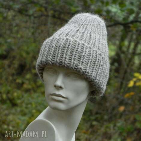 Aga made by hand: 100 wool unisex beżowa wywijana czapa, czapka wywijana, czapka wełniana