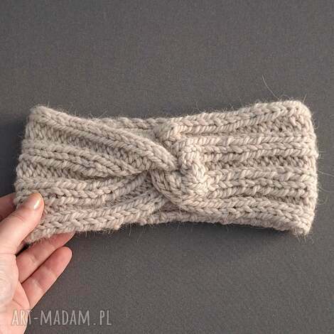 Ręcznie robiona opaska wełniana na drutach - turban twist beżowa (wapień)