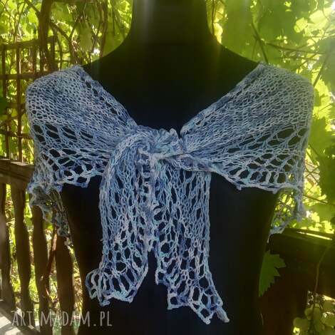 chusta lazurowe błękity, na lato, drutach z bawełny