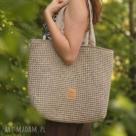 Beżowa torba shopper z plecionki typu wafel na ramię (handmade)