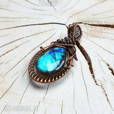 Wisior z labradorytem m308 - wire wrapping z miedzi