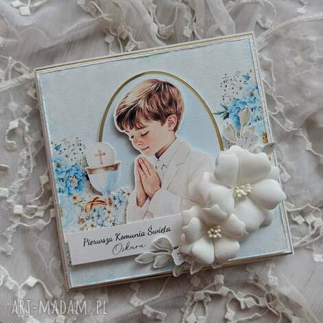 Kartka komunijna dla chłopca - handmade scrapbooking z personalizacją