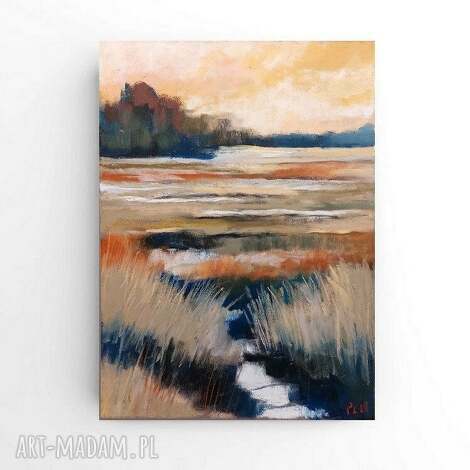 Autorski pejzaż w pastelach suchych 24 x 18 cm - beż, brąz i niebieski