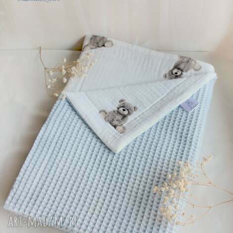 kocyk dziecięcy muślin wafel błękitny w misie, kocyk do wózka