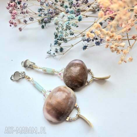 Klipsy masa perłowa i drewno - boho handmade z minerałami