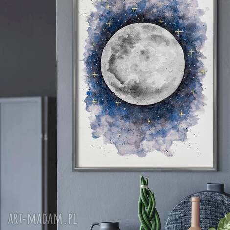 oryginalna akwarela A3 księżyc sztuka, moon, dom