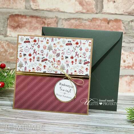 Ręcznie robiona kartka świąteczna Boże Narodzenie z życzeniami - scrapbooking