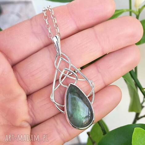 Celtyckie sploty - srebrny naszyjnik z zielonym labradorytem (wire wrapping) - art-Madam.pl