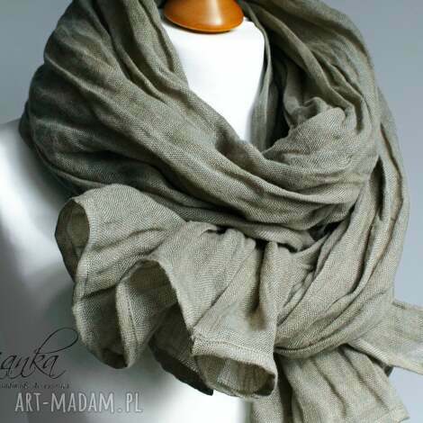 Lniany szalik damski z naturalnego lnu szałwia - na wiosnę i lato, handmade 185-190 cm