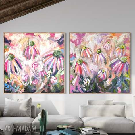 Zestaw obrazów 100x100 cm - abstrakcja kwiaty w kolorach, ręcznie malowany akryl na płótnie