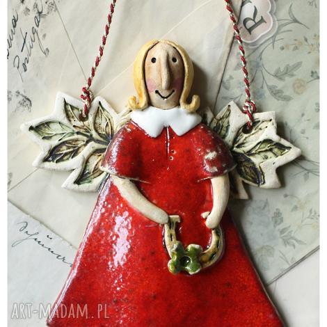 Aniołek z koniczyną ceramiczny handmade do powieszenia - 16 x 10 cm
