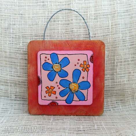 obrazek na drewnie cheerful flowers prezent handmade, dekoracja do domu ozdoba
