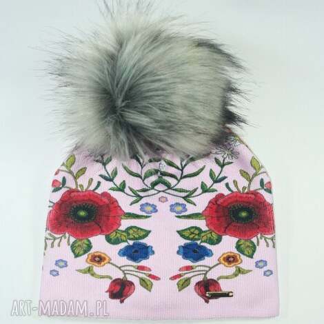 Czapka beanie damska z pomponem z ekofutra - maki i kwiaty