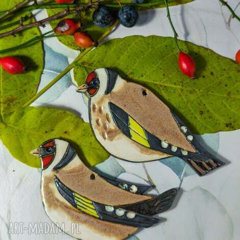 jagodowy kruk szczygły ceramiczne, parka na choinkę ceramiczny ptaszek