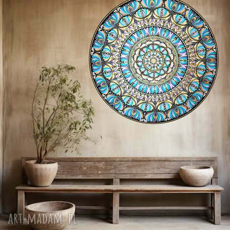 mandala ręcznie malowana 80 cm - farby akrylowe, obraz boho, rustykalny