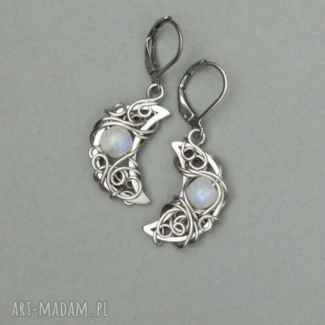 kolczyki księżyce kamień księżycowy, wire wrapping, lunula, ametyst biżuteria