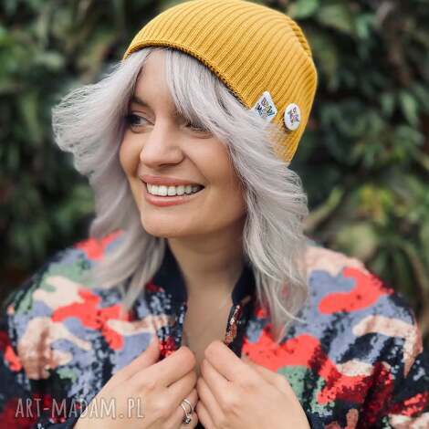 luźna czapka z bawełny logo kolorowe miodowa musztarda, czapka smerfetka