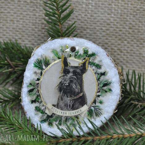 Bombka z plastra brzozy - pies (ręcznie malowana, decoupage) - handmade dekoracja świąteczna