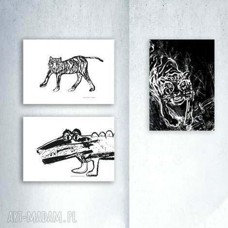 Zestaw 3 biało-czarnych plakatów zoo: tygrys i zwierzęta 21x30 cm