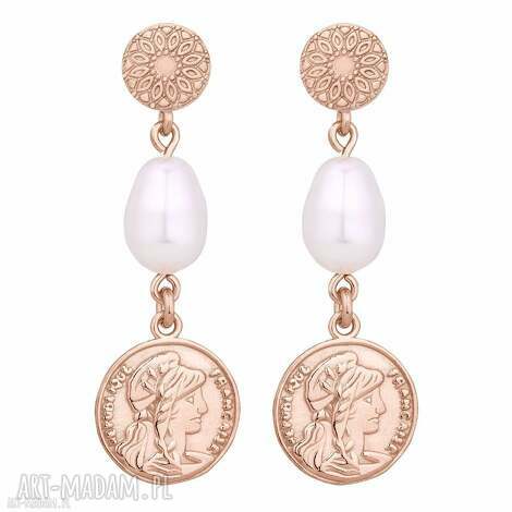 Długie kolczyki Swarovski White z monetą i perłą - różowe złoto, srebro 925