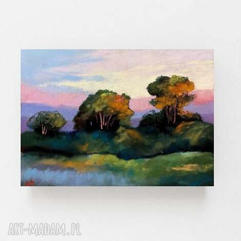 Pejzaż w pastelach suchych 18x24 cm - zielone i ciepłe barwy, ręcznie robiony