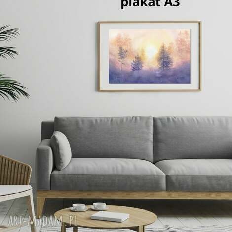 Świt w mglistym lesie - akwarelowy plakat A3