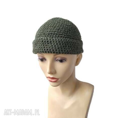 czapka dokerka z dodatkiem wełny wykonana szydełkiem, czapka na majówke