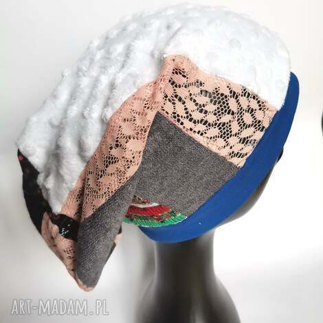 czapka damska patchworkowa na podszewce uniwersalna box 01, folk, koronka etno boho