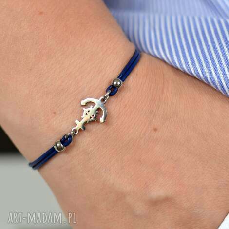 Bransoletka damska rzemienie i stal kotwica navy blue - handmade prezent