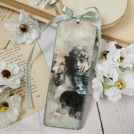 Zakładka decoupage Vintage z psem - ręcznie robiona Justyna Art (15 x 5 cm)