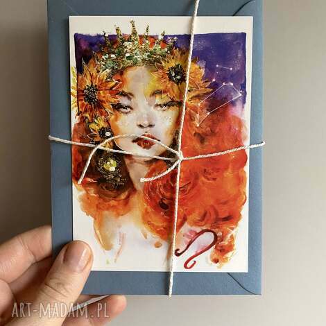 Zodiak Lew - wydruk pocztówka A6, ilustracja portret kobiety