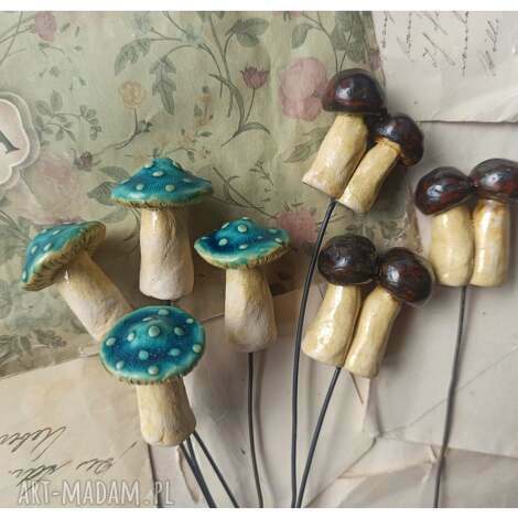 Zestaw 6 ceramicznych grzybków błękitnych i podgrzybków - las w szkle, handmade