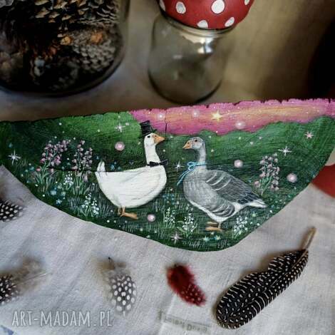Obraz na drewnie z gęsiami - bajkowa dekoracja handmade