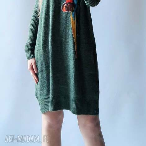 klasyczna sukienka z aplikacją papuga, naszywki, damska