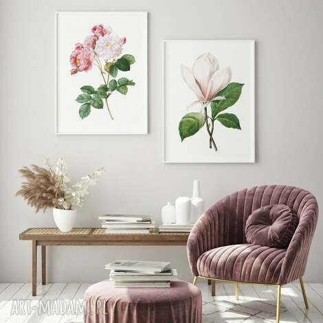 Zestaw 2 plakatów 61x91 cm - róża i magnolia w pastelowym klimacie
