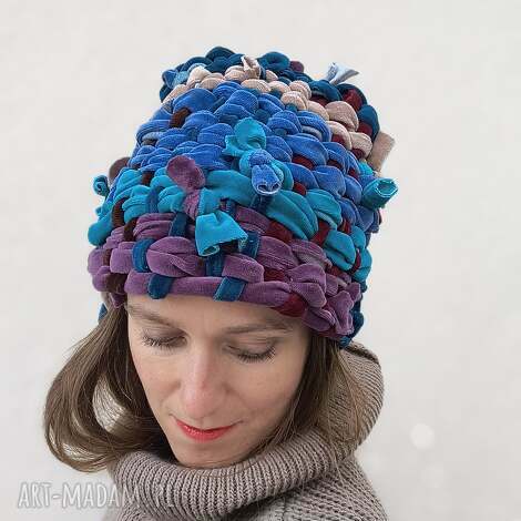 czapa lazur - artystyczne nakrycie głowy no.3, ciepła czapka, tkactwo, kolorowa