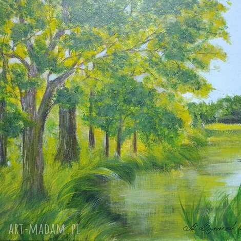 Akrylowy obraz ręcznie malowany "Wiosną w parku" 24x30 cm - odbicie w wodzie