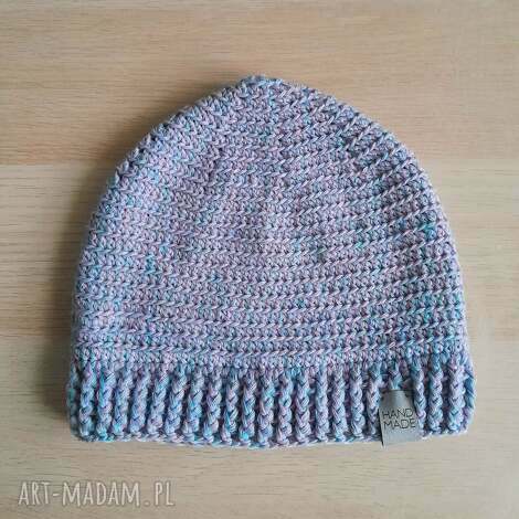 Pastelowa czapka handmade z wełną merino - liliowo-błękitna na jesień i zimę
