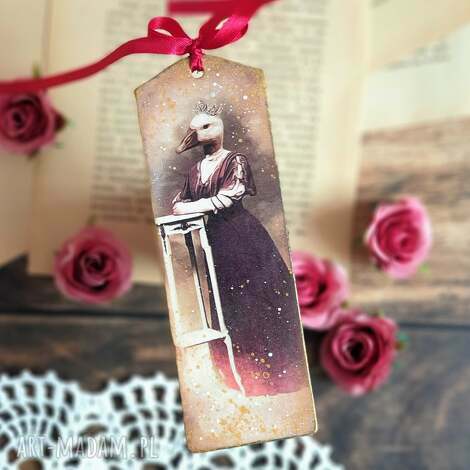 Zakładka decoupage z damą i gęsią - styl vintage handmade