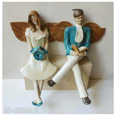 Para ślubna z turkusowymi dodatkami - ceramiczna figura aniołów handmade (ok. 22 cm)