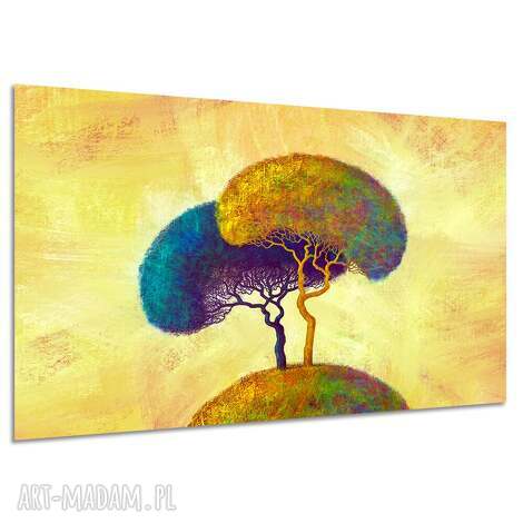 Obraz dwa drzewa na wzgórzu 120x80 cm - żółty i turkusowy pejzaż