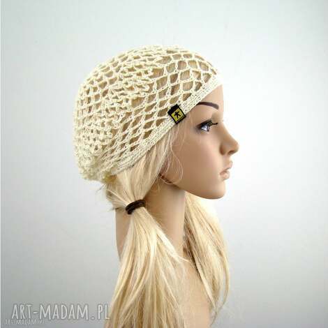 kremowa letnia ażurowa czapeczka, czapka, beret, lato, plaża