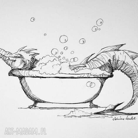 Obrazek do łazienki Smoczyca w kąpieli - zabawny smok fantasy A3