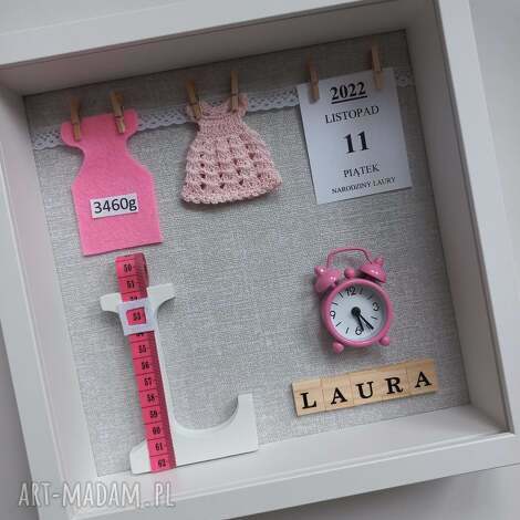 metryczka w ramce 3d dla dziewczynki - narodziny, ozdoba pokoju dziecka, metryczka