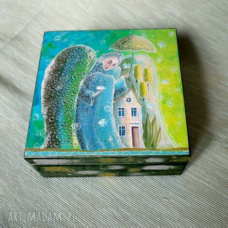 Szkatułka drewniana decoupage "Dom szczęścia" - anioł, prezent