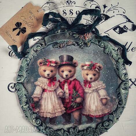 Dekoracyjny medalion vintage z misiami 20 cm - decoupage